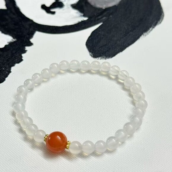 Natural Red Agate Bracelet Icy South Red Agate with Deep Red Center Bead - Picture 3 of 8